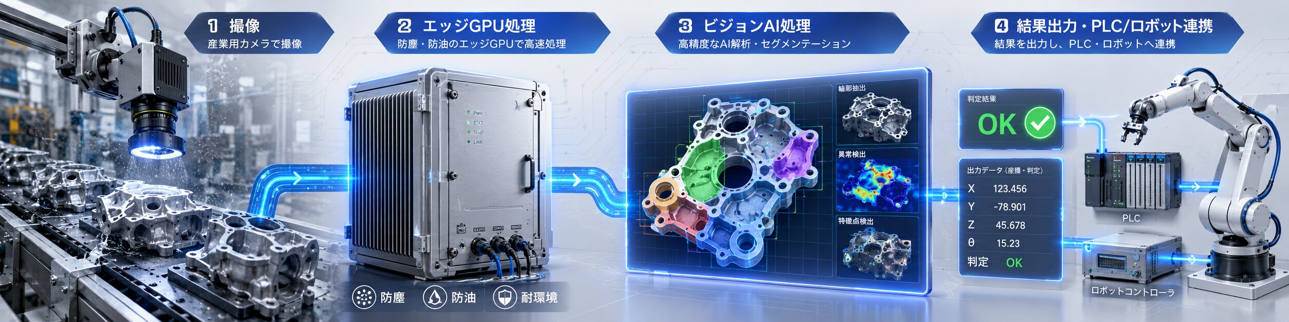 カメラで撮像、GPUサーバーでAI処理、結果出力・可視化からPLC・ロボットコントローラーへ連携する流れ